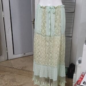 Itoo Green Floral Lace Maxi Skirt Boho Flowy Upcycled Size M.